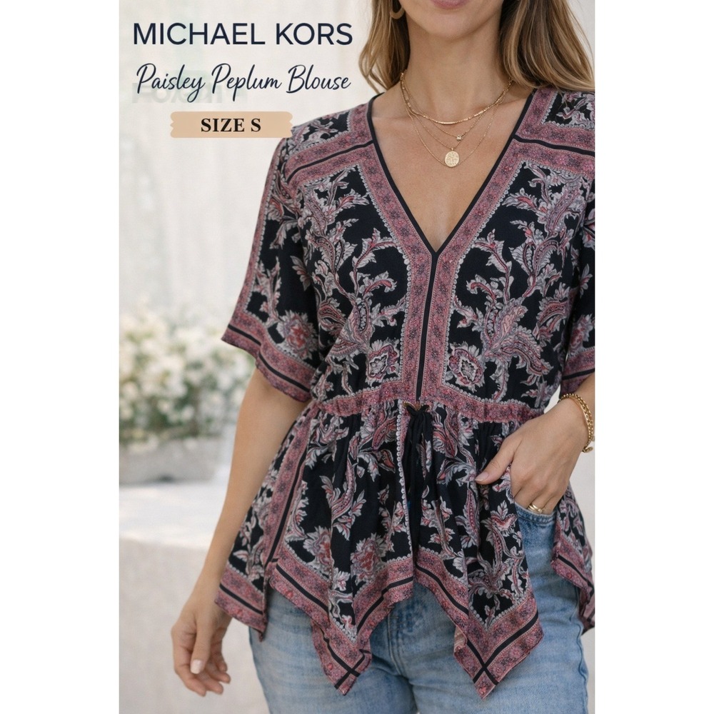 Michael Kors Boho Paisley Top S Black Pink V-Neck Handkerchief Hem Blouse Peplum